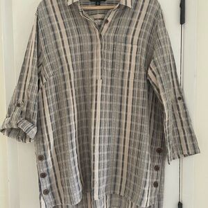 Zac & Rachel Women’s Blue and Beige Striped Tunic Shirt Size XL Roll Tab Sleeve
